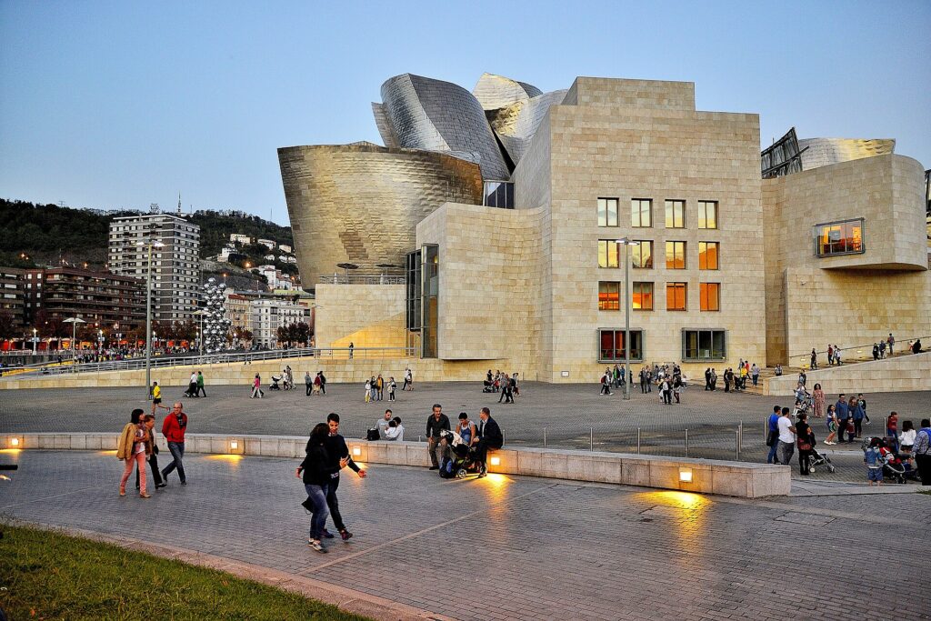 The titanium-clad Guggenheim Museum on the Nervión river in Bilbao