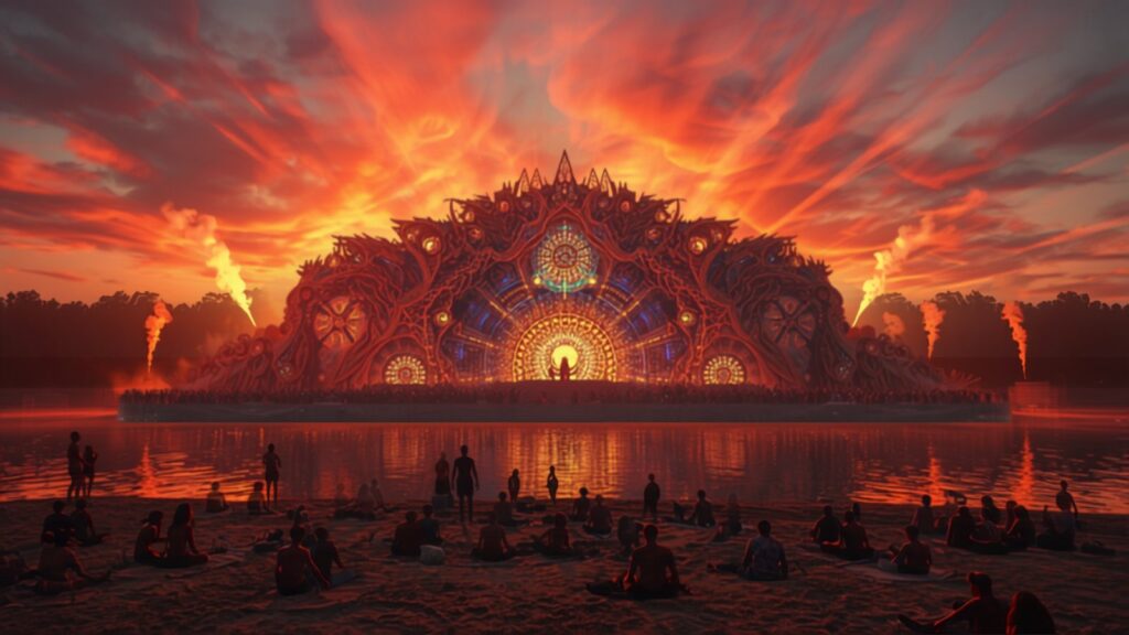 Psytrance visionary-art festival by a lake — TravelDeals AI