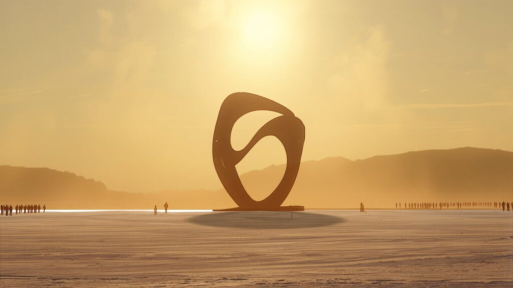 Desert playa art sculpture at golden hour — TravelDeals AI