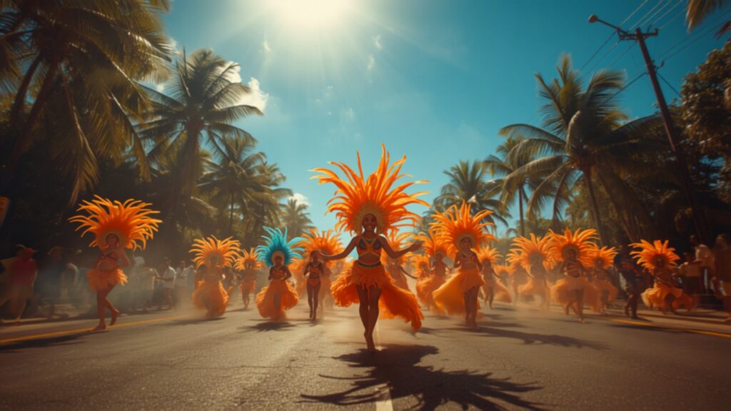 Caribbean soca carnival revellers in feathers — TravelDeals AI