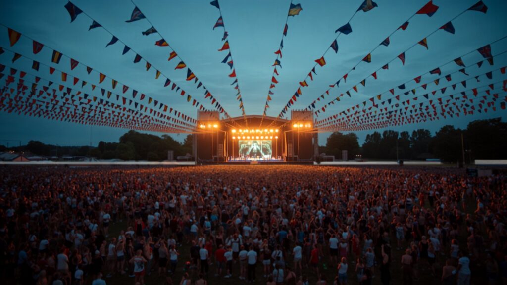 Open-air British music festival crowd at dusk — TravelDeals AI