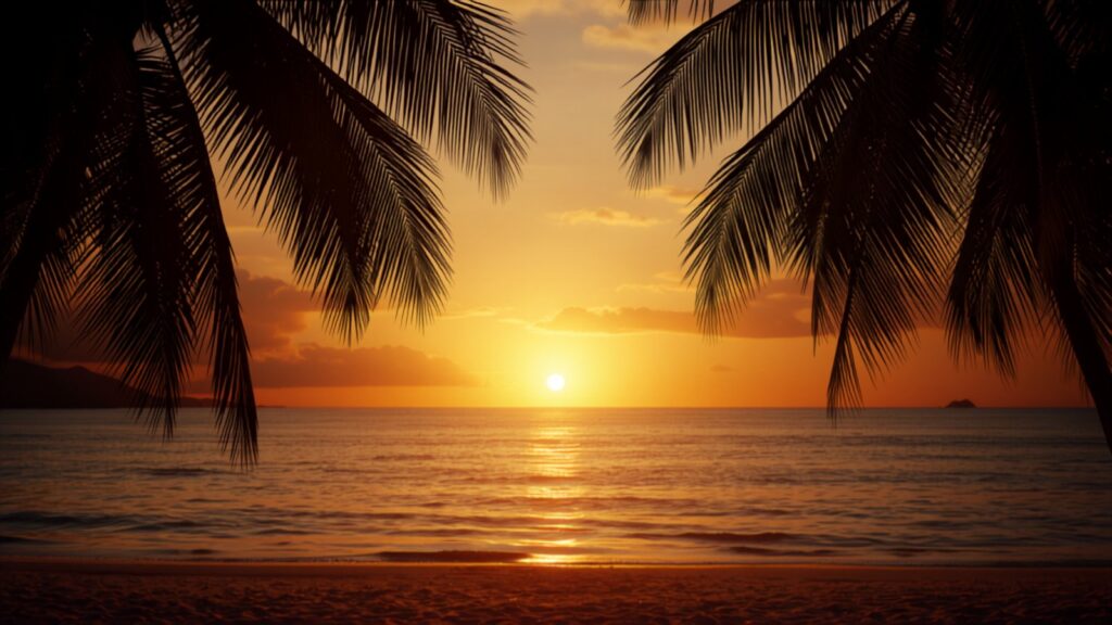 Jamaican beach at sunset with palms — TravelDeals AI
