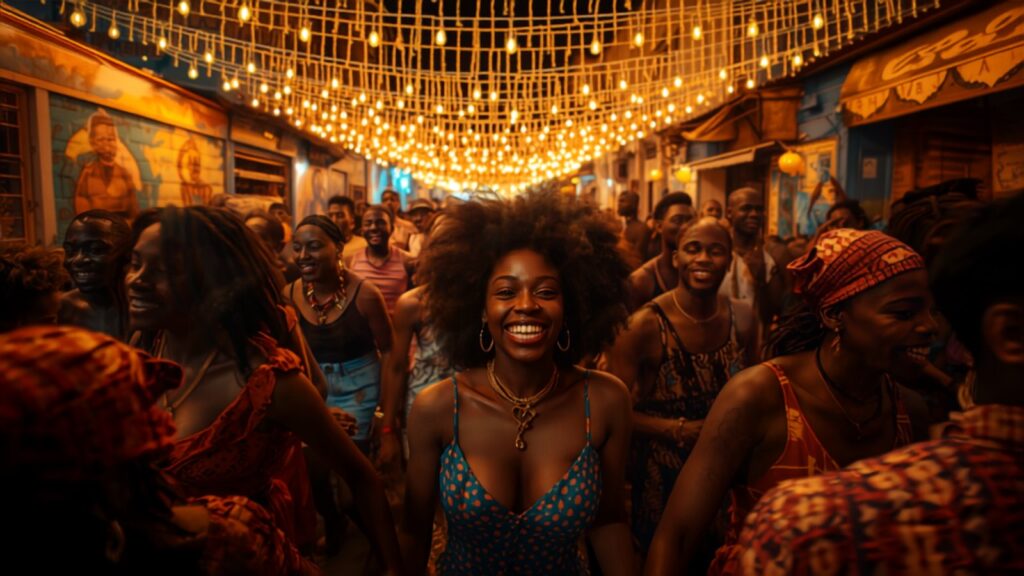Afrobeats Detty December street party at night — TravelDeals AI