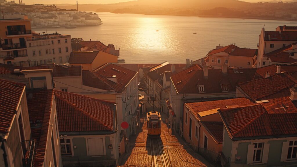 Lisbon yellow tram and Tagus river at sunset — TravelDeals AI