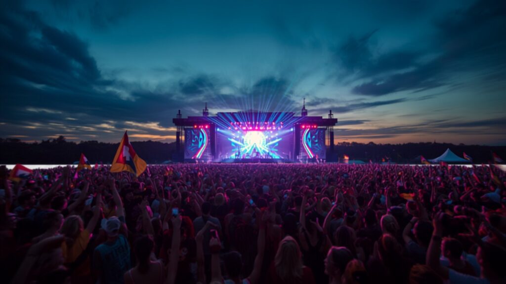 Dutch open-air festival crowd at dusk — TravelDeals AI