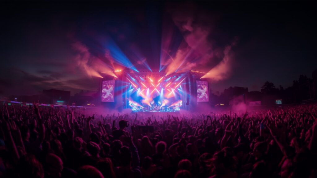 Open-air rock festival in Madrid at night — TravelDeals AI