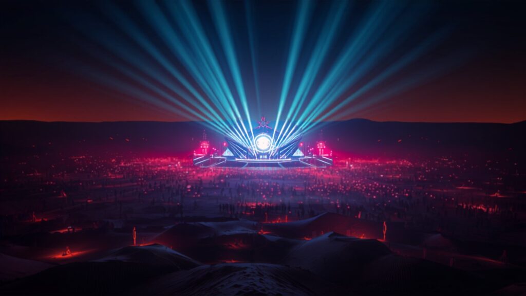 Desert mega-festival stage at night — TravelDeals AI