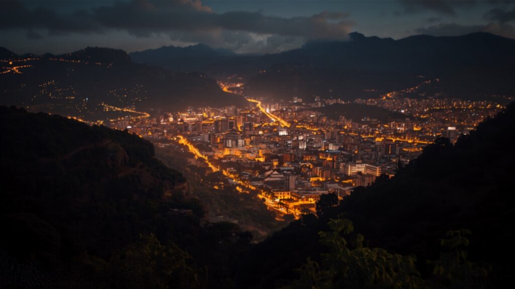 Medellín city lights in the valley at night — TravelDeals AI