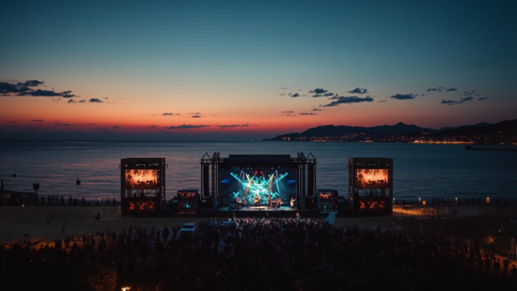 Seafront music festival stage at dusk — TravelDeals AI