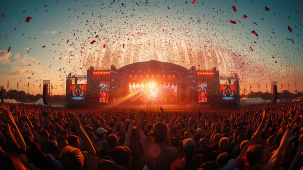 Tomorrowland EDM festival main stage at dusk — TravelDeals AI