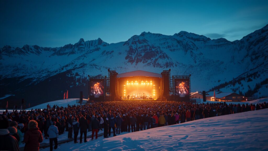 Winter festival stage in the snowy Alps — TravelDeals AI