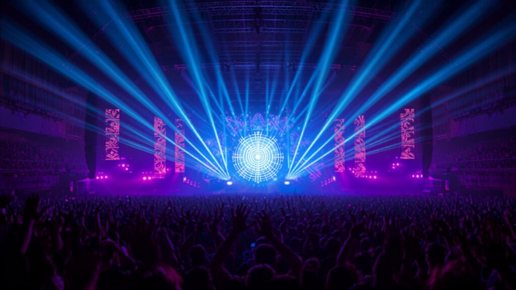 Indoor trance festival with laser beams and crowd — TravelDeals AI
