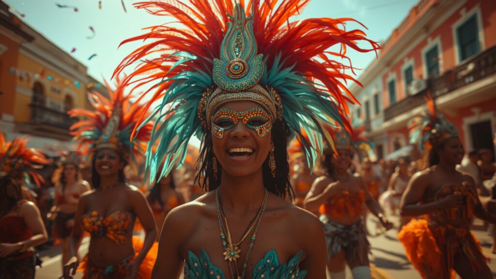 Caribbean carnival masqueraders in feathers — TravelDeals AI