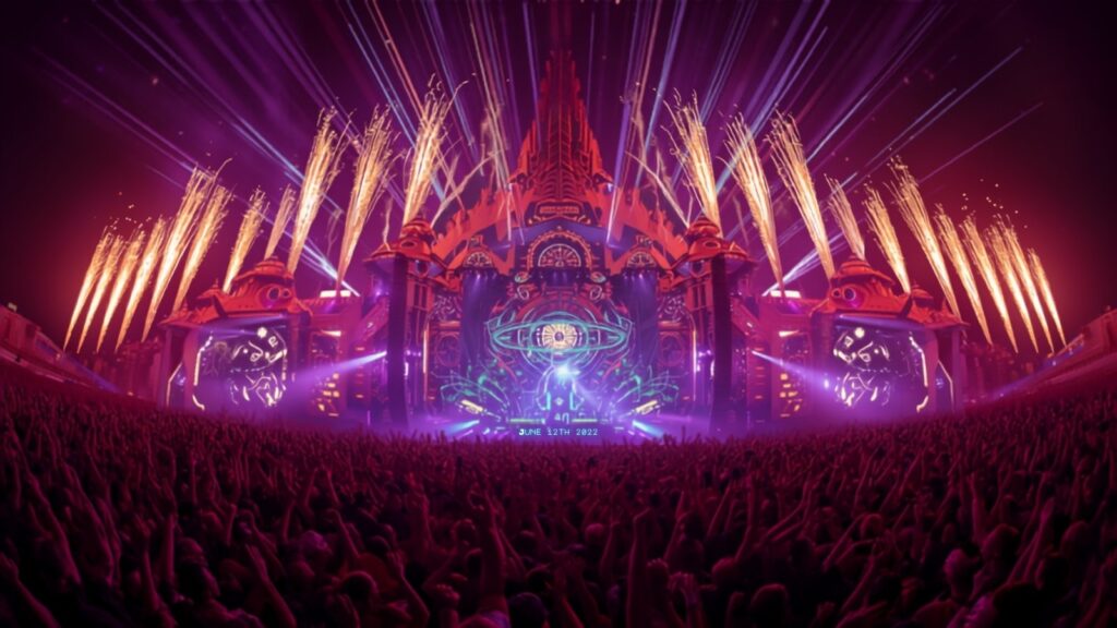 EDM festival main stage with pyro at night — TravelDeals AI