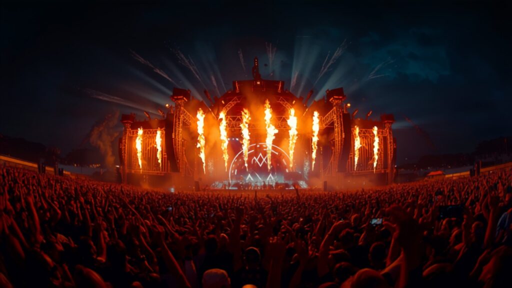 Heavy metal festival crowd at night — TravelDeals AI