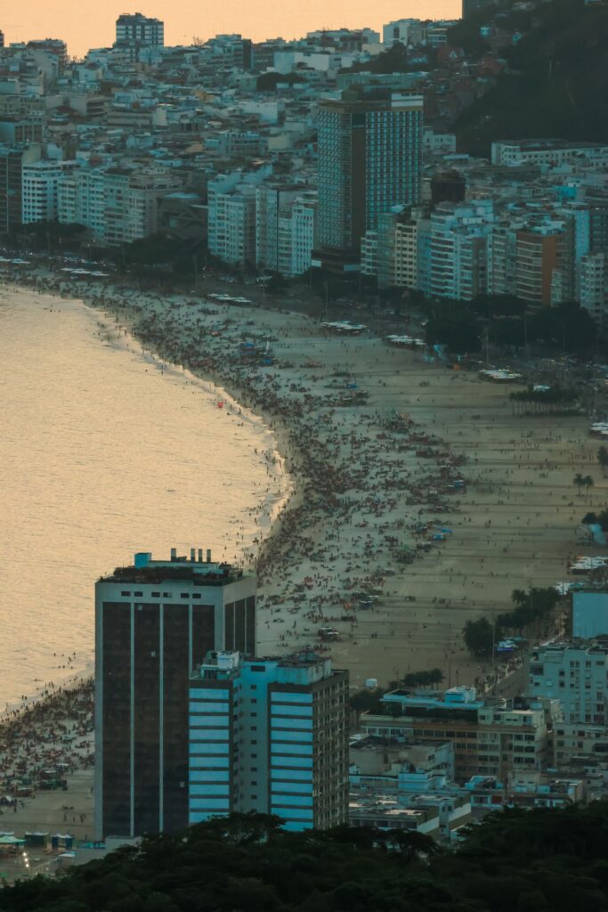 Copacabana beachfront and waterfront buildings in Rio de Janeiro at sunset