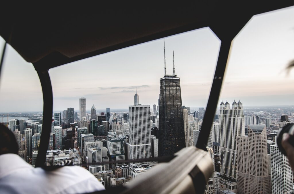 Aerial view of Chicago skyline and downtown skyscrapers
